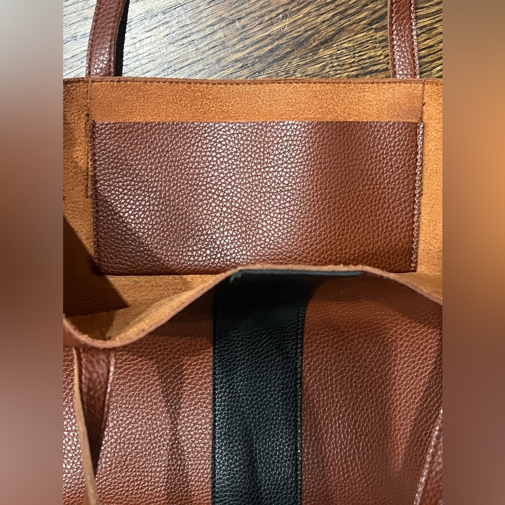 Vince Camuto Faux Leather Tote Bag - Brown with Center Stripe - Picture 3 of 4